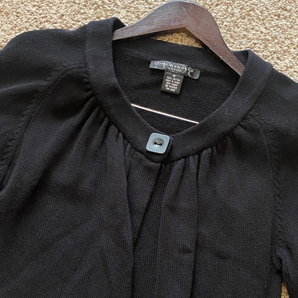 Pine Needles Ladies Black Knit One Top Button Open Front Cardigan. Medium